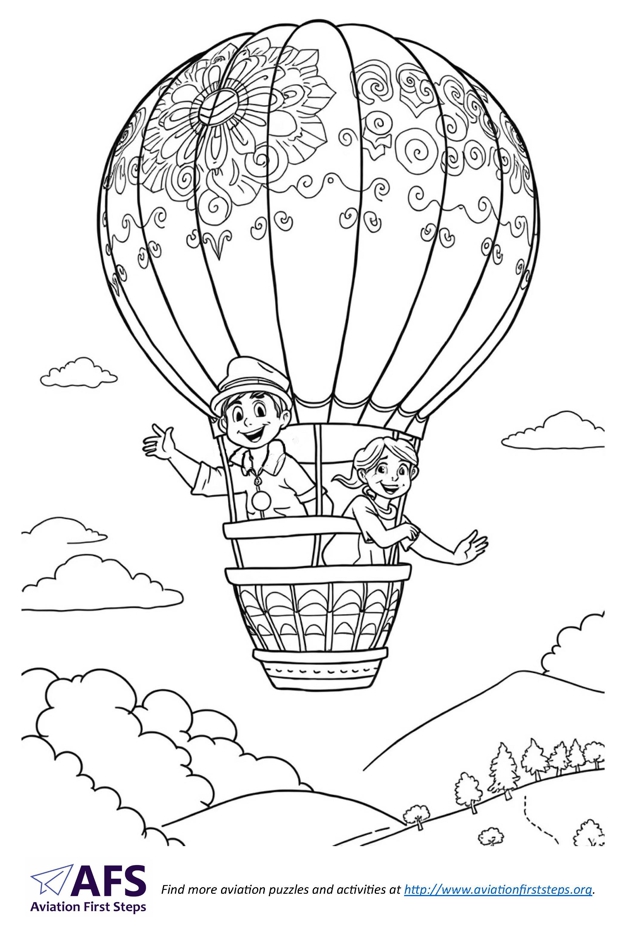 Thumbnail image of a coloring page with two children riding in a hot air balloon.