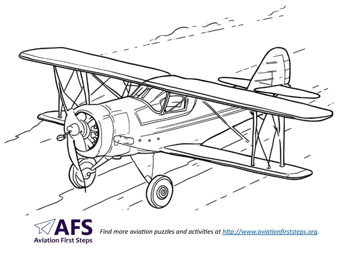 Thumbnail image of a coloring page with a biplane coming in to land.