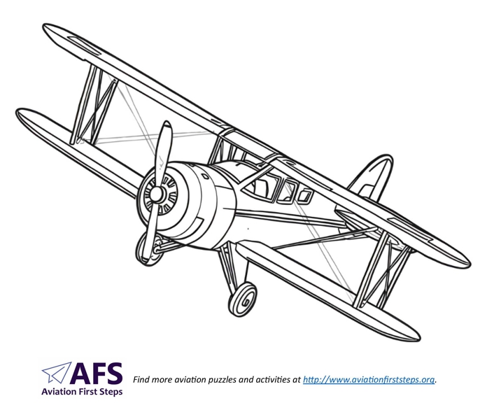 Thumbnail image of a coloring page with a biplane flying.