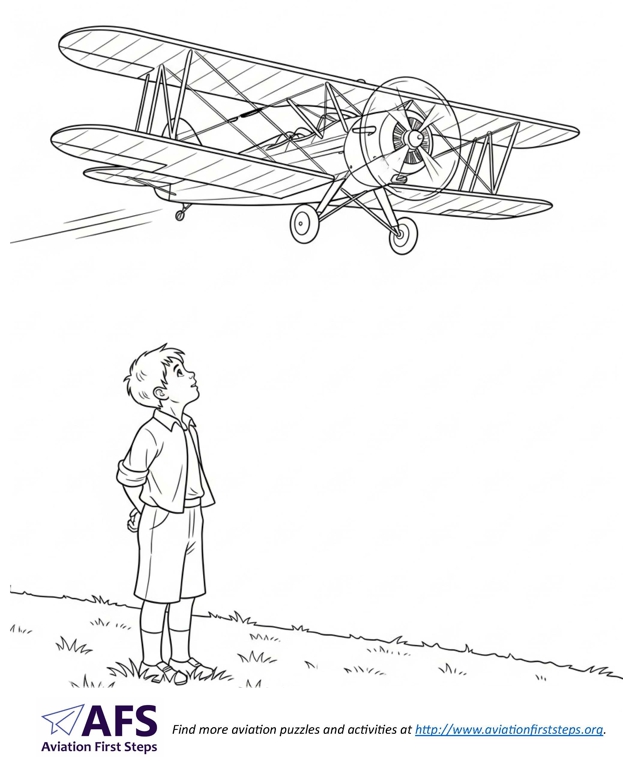 Thumbnail image of a coloring page with a boy watching a biplane fly overhead.