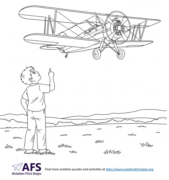 Thumbnail image of a coloring page with a young boy watching a biplane fly overhead.