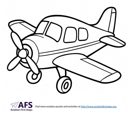 Thumbnail image of a simple coloring page with a low-wing cartoon airplane.