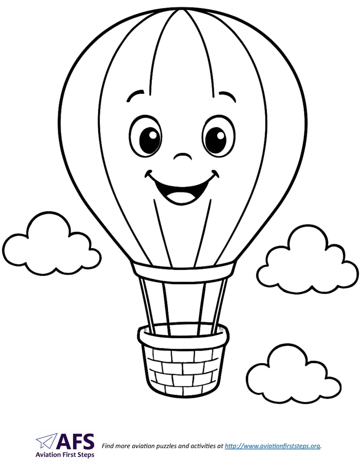 Thumbnail image of a simple coloring page with a smiling hot air balloon.