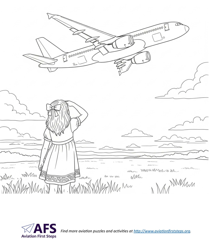 Thumbnail image of a coloring page with a young girl watching a jet airliner fly overhead.