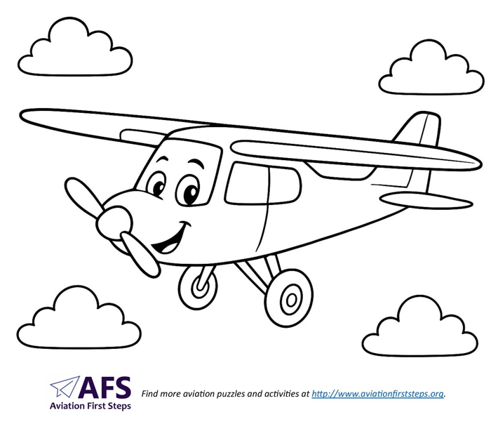 Thumbnail image of a simple coloring page with a smiling high-wing airplane.