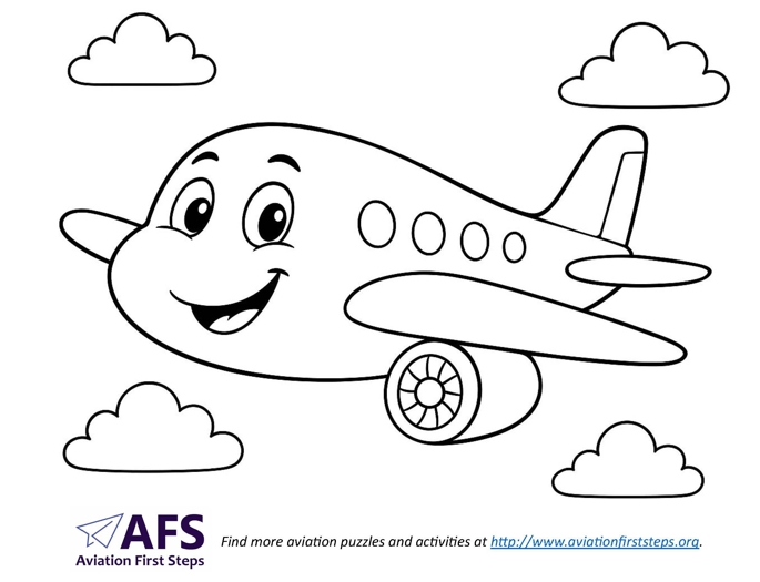 Thumbnail image of a simple coloring page with a smiling jet airplane.