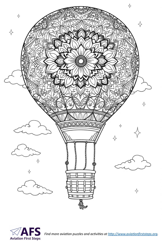 Thumbnail image of a mandela coloring page with a hot air balloon.