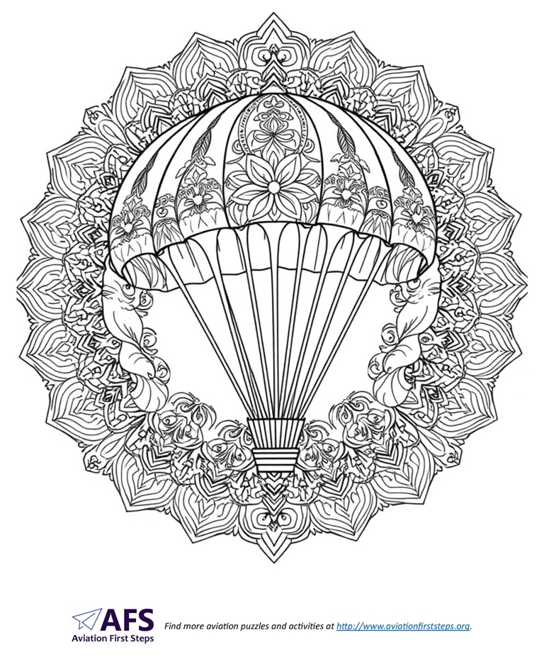 Thumbnail image of a mandela coloring page with a hot air balloon.