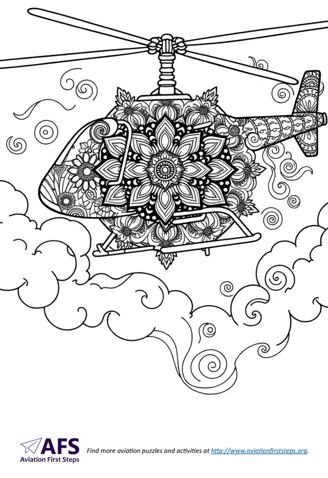 Thumbnail image of a mandela coloring page with a helicopter.