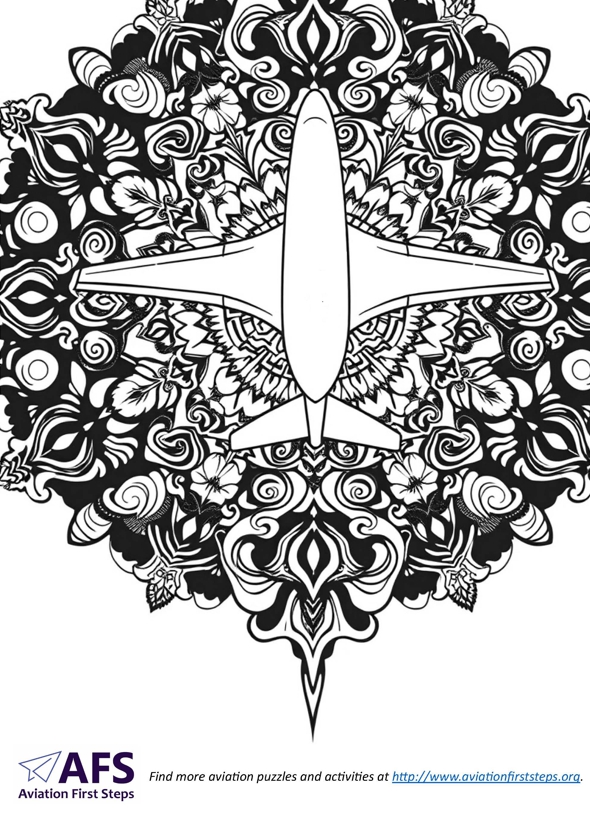 Thumbnail image of a mandela coloring page with a jet airplane.