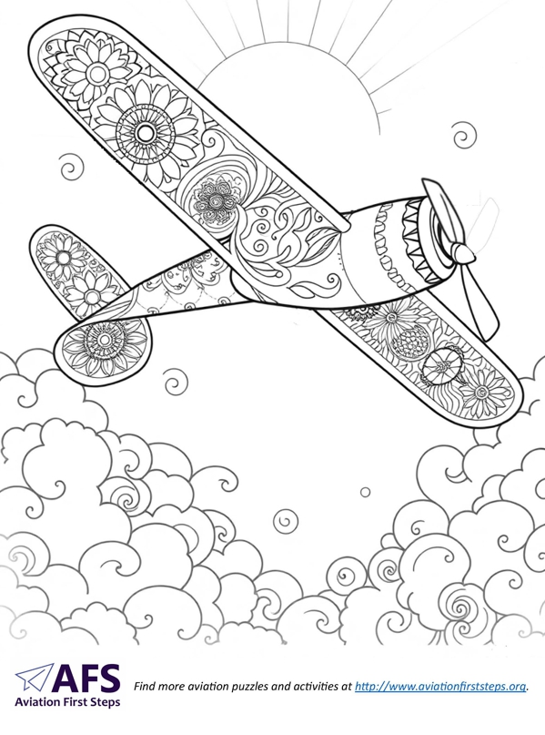Thumbnail image of a mandela coloring page with a low-wing airplane.
