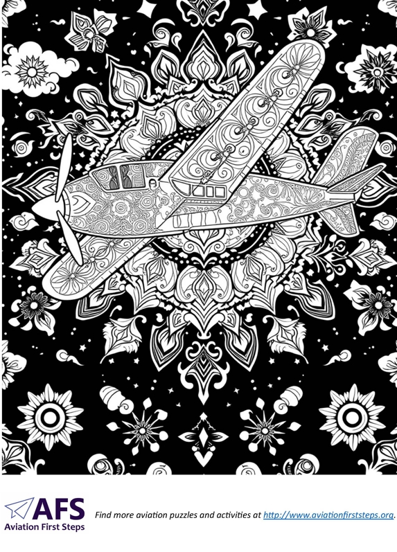 Thumbnail image of a mandela coloring page with a low-wing airplane.