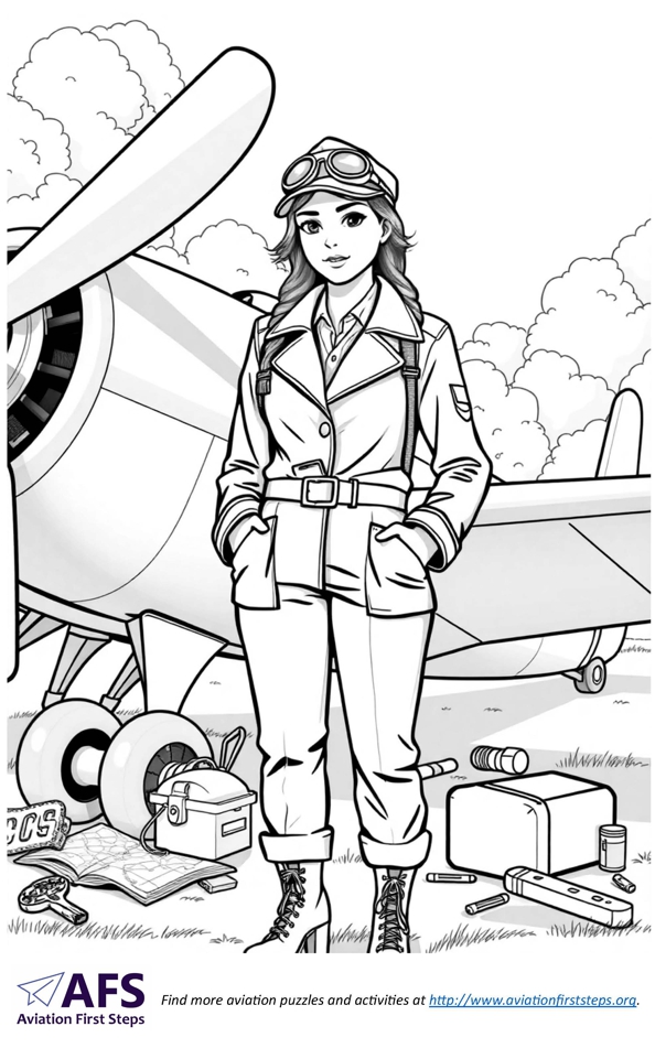 Thumbnail image of a coloring page with a female pilot standing in front of a tailwheel airplane.