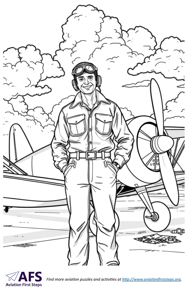 Thumbnail image of a coloring page with a male pilot standing in front of a low-wing airplane.