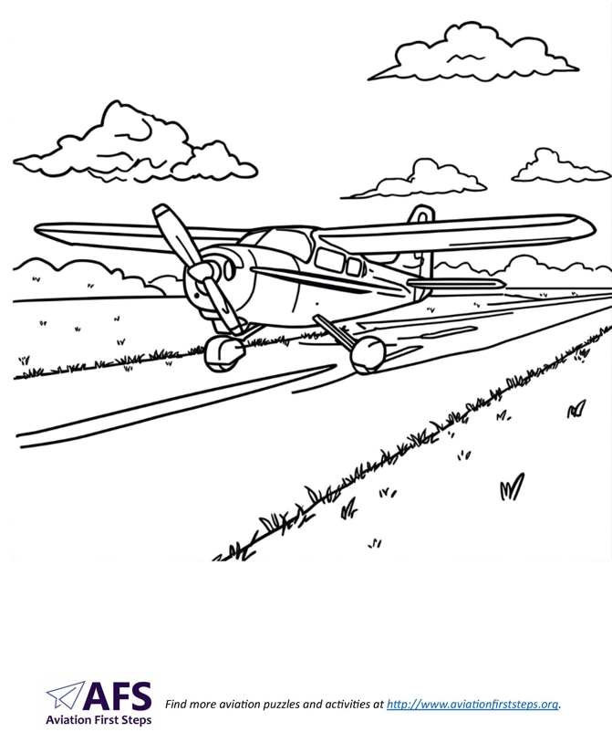 Thumbnail image of a coloring page with an airplane landing on a dirt runway.